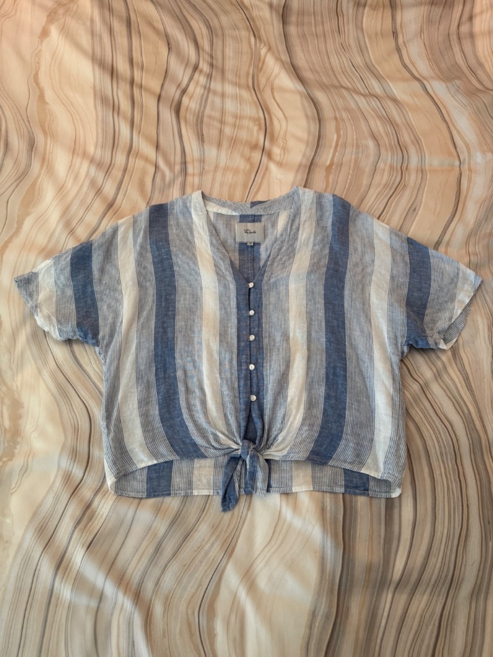 Rails Thea Striped Tie Front Top Linen Blend Blue Nevis Stripe Print Size XS - Picture 13 of 14